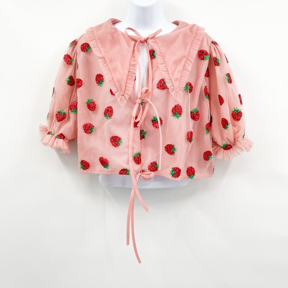 Lirika Matoshi Strawberry Print Tulle Tie Front Collared Cropped Blouse Top - Picture 3 of 11